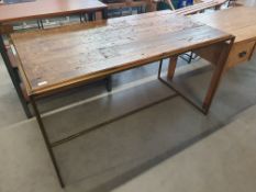 * metal frame display table with rustic wooden top. 1500w x 800d x 850h