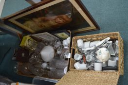 Box and a Basket of Kitchenware, Cutlery, and Croc