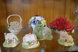 Four Lilliput Lane Miniature Cottages plus Three Pottery Flower Posies