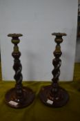 Pair of 1930's Oak & Brass Barley Twist Candlestic