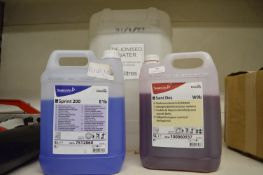 *5L of Sprint Multipurpose Cleaner, 5L of Sani Des Washroom Cleaner and Disinfectant, and an Empty