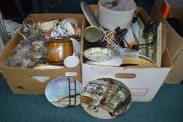 Two Boxes of Vintage Pottery, Glassware, Placemats
