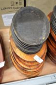 *Seven Wooden Serving Trays with Cast Iron Oval Sizzle Platters