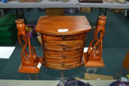 Wooden Miniature Chest of Drawer, and Two Candlest