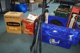 Assorted Camera Tripods, 8mm Elmo Projector, and E