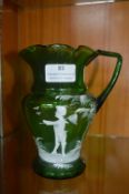 Mary Gregory Green Glass Jug - Boy Catching Butterflies