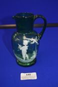 Mary Gregory Green Glass Jug - Boy with Flowers