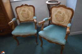 Pair of Ornate Carved Armchairs with Tapestry Upho