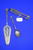 Three Hallmarked Silver Items: Tongs, Server, and Spoon ~120g total