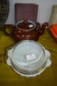 Vintage Denby 4pt Teapot, Vintage Pyrex, and a Vintage Household Book