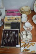 Boxed Vintage Cutlery Sets plus Mugs, Plates, etc.
