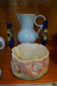 Deco Drown Devon Jug, Two Cobbled Blue Hand Painted Vases, Sylvac Rabbit Planter, etc.