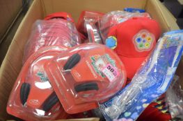 Box of Sweeny Caps, Liverpool Headphones, and Kid’s Flare Sticks