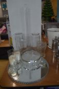 Glass Vases, Candles, Tray, etc.