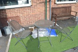 Metal Bistro Table with Two Chairs, Cushions, etc.