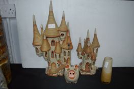 Two 1970's Shelf Pottery Castle Lamps, plus a Pigg