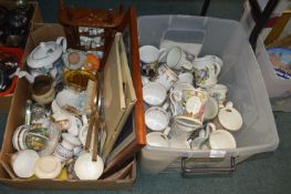 Box of Pottery Mugs, Thimbles, etc.