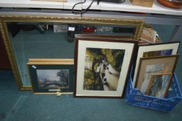 Beveled Edge Mirror plus Framed Pictures and Print