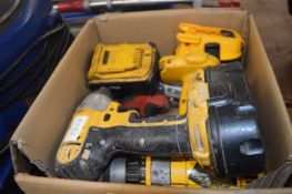 Box of Various Drills and Drivers with Batteries