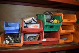*Nine Storage Boxes Containing Anchor Bolts, Morse Taper Drill Bits, 110v Inspection Lamp, etc.