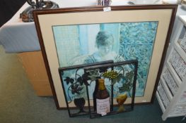 Framed Print and a Pair of Metal Wine Wall Art