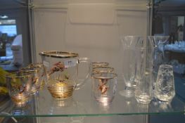 Jug and Six Glass Set with Hunting Scene, plus Glass Vases
