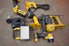 Set of Four Dewalt Lights (no batteries), Charger, and a Dewalt Drill