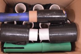 Mixed Lot Including Small Rolls of Black Wrap, Screws, Toolbox, Saw, Hammer, etc.