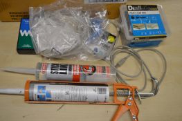 Mixed Box of Assorted Network Cable, Screws, Caulking Gun, Adhesive, etc.