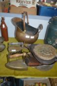 Copper Coal Scuttle, Bellows, Irons, etc.