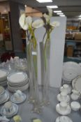 Five Tall Glass Vases with Artificial Lilies