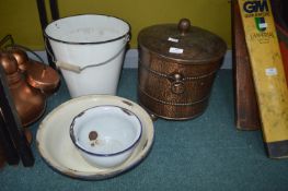 Coal Bucket, Enamel Bucket, and Bowls