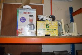 Contents of Shelf to Include Baguette Bags, Blenders, Toastie Makers, Slicers, etc.