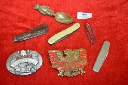 Two Honda Belt Buckles, Pen Knives, etc.