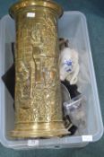Assorted Household Goods, Pottery, Brass Stick Sta