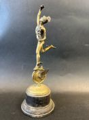 A car mascot in the of Mercury (God of Speed), wooden display base, approx. 10