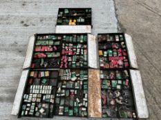 Seven workshop trays of electrical components etc.