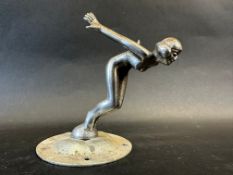 A car mascot in the form of a diving nude female, display base mounted, approx. 4 1/2
