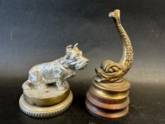 A car mascot in the form of a seated Scottie dog on display base, approx 3 1/2