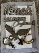A quantity of radiator insignia including MACK, plus a Boyce motometer etc.