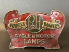 An early tin litho. sign advertising Powell & Hanmer's Cycle & Motor Lamps, 11 x 7 1/2