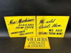 Three motorcycle related hand painted signs, the largest 12 1/2 x 10
