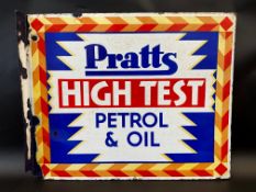 A Pratts High Test Petrol & Oil double sided enamel sign with hanging flange, dated February 1930,