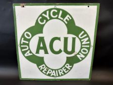 An Auto Cycle Union ACU Repairer double sided enamel sign, in excellent condition, 18 x 18