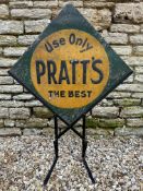 An early Pratts 'Use Only' lozenge shaped embossed tin advertising sign on stand, circa 1920s, 41