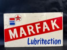 A Marfak Lubritection double sided tin sign with Regent and Caltex branding, 36 x 21