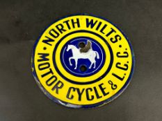 A North Wilts Motor Cycle & Light Car Club circular enamel plaque, good gloss, 4 1/2
