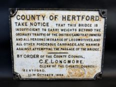 A cast iron notice sign - County of Hertford, 20 1/2 x 16