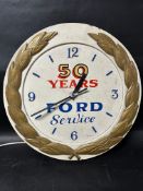 A Ford 50 years of service wooden wall clock presented to dealers for long service, 20 1/2