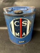A CSMA SAE 10W 30 cylindrical can.